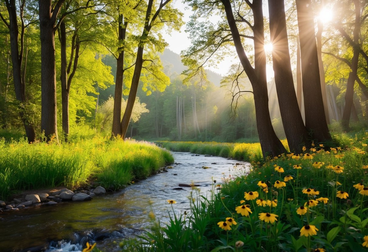 Ein ruhiger Wald mit Sonnenlicht, das durch die Bäume filtert, einem friedlichen Fluss, der fließt, und bunten Wildblumen, die blühen.