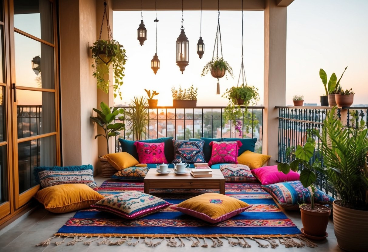 A cozy bohemian-style balcony with colorful rugs, floor cushions, hanging plants, and lanterns. A low table with tea set and books completes the inviting space