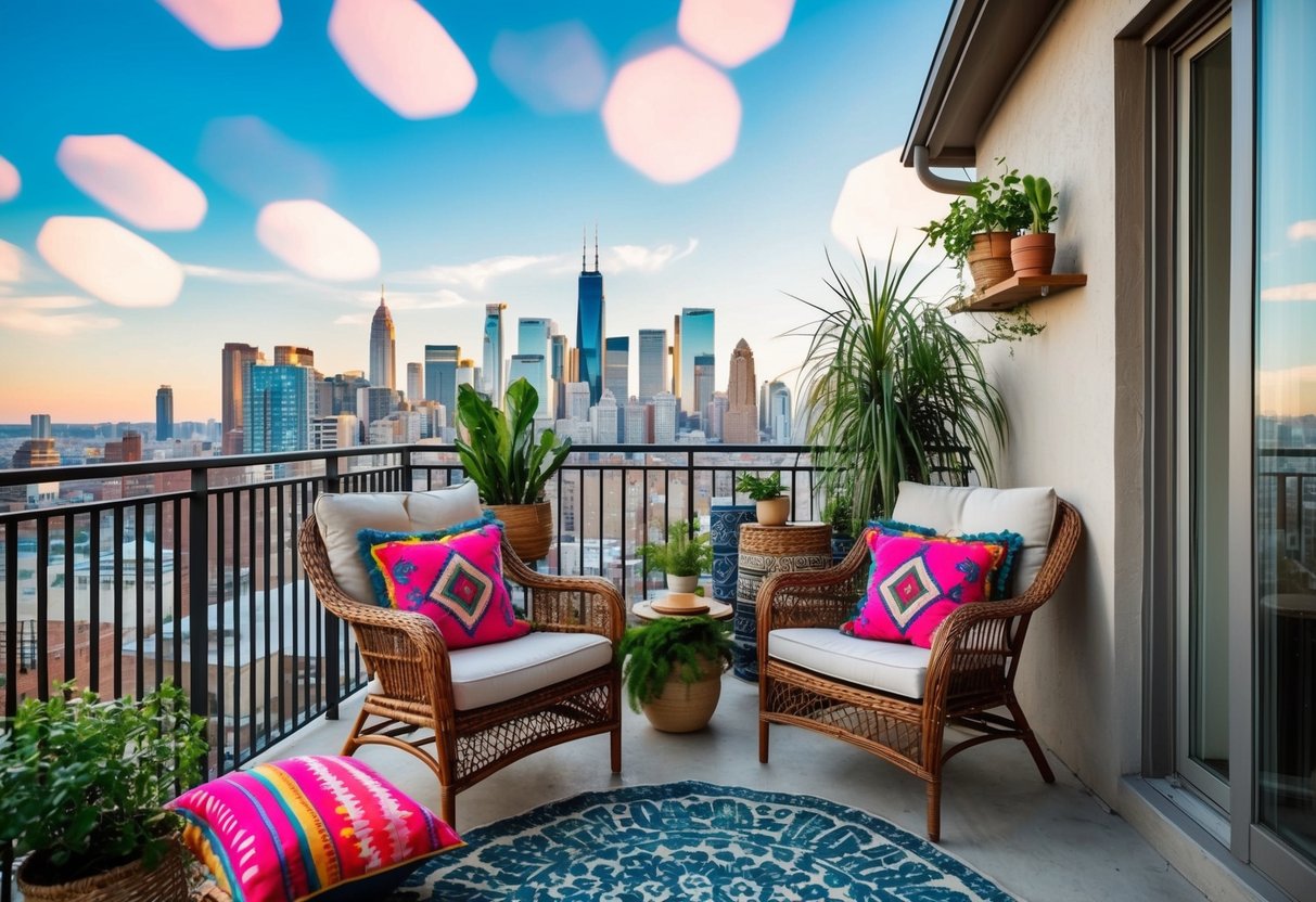 Two wicker chairs on a cozy boho balcony with colorful cushions and plants, overlooking a city skyline