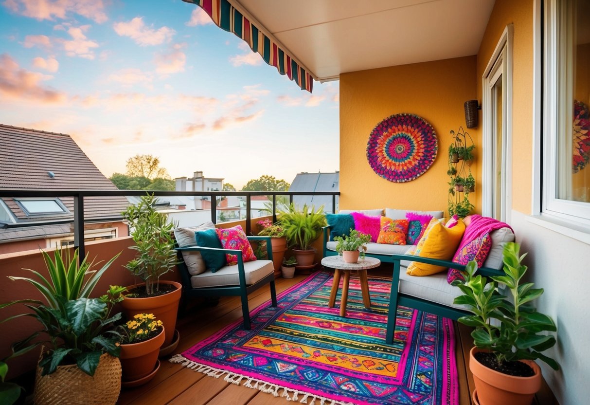 A cozy, bohemian balcony with vibrant, colorful outdoor rugs, potted plants, and comfortable seating