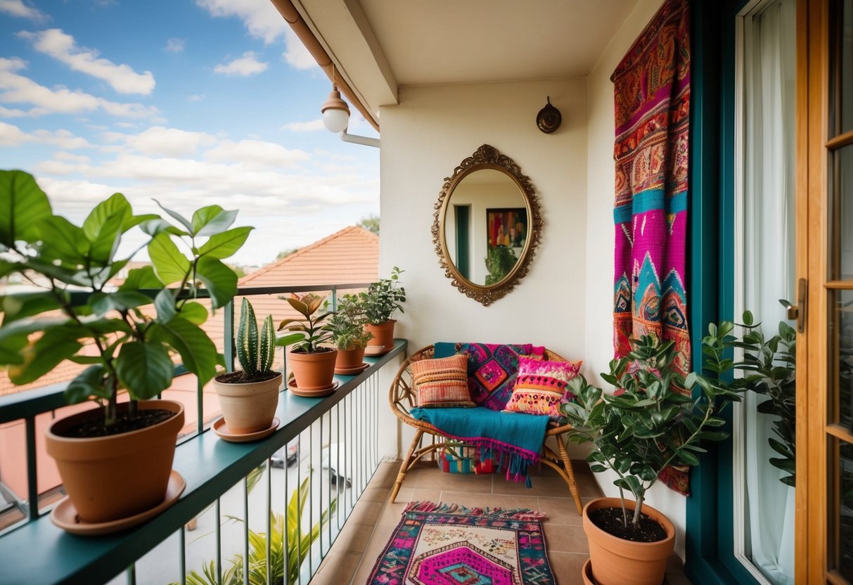 A cozy boho balcony with vintage wall mirrors reflecting potted plants and colorful textiles