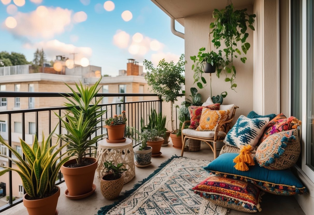 A cozy balcony adorned with bohemian throw pillows, potted plants, and eclectic decor