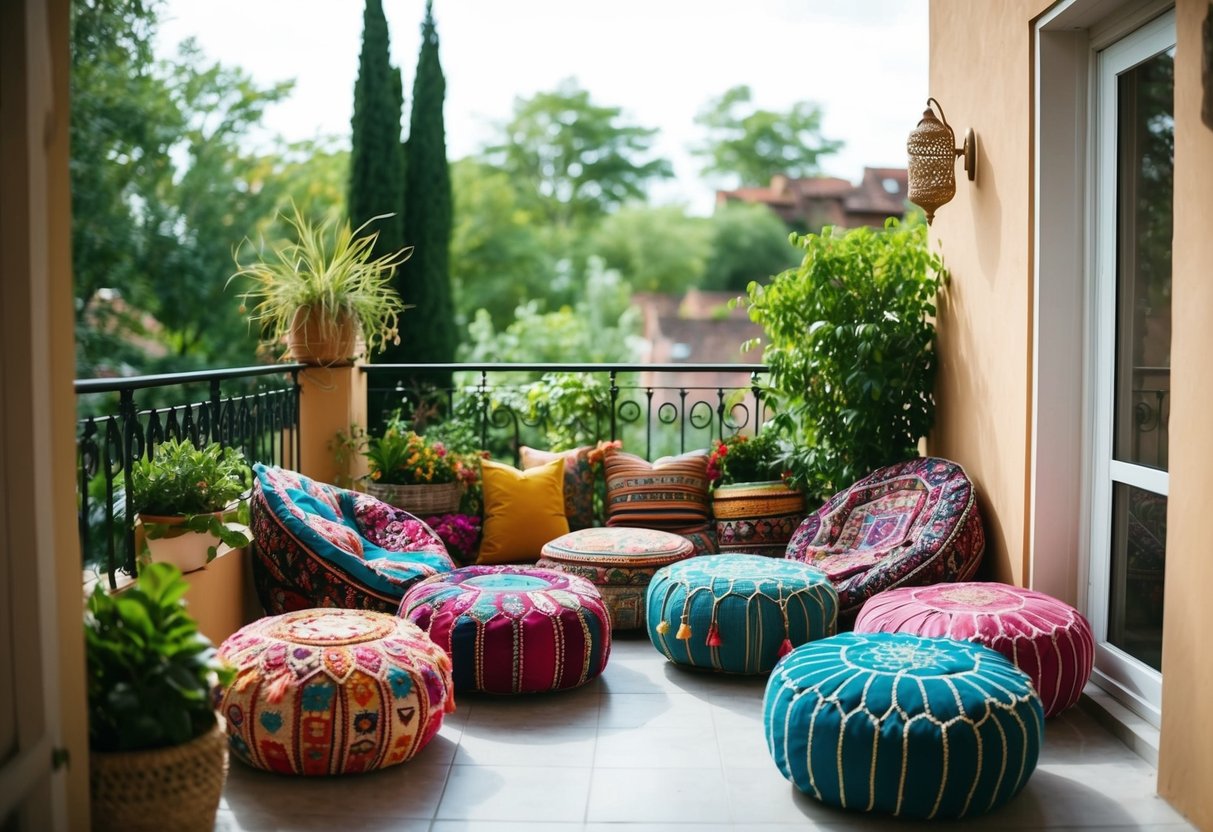 A cozy balcony adorned with colorful Moroccan-inspired poufs, surrounded by bohemian decor and lush greenery