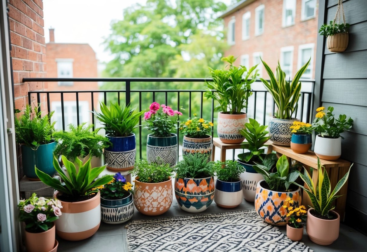 A cozy balcony with 18 boho-style ceramic planters arranged in various sizes and patterns, filled with lush green plants and colorful flowers