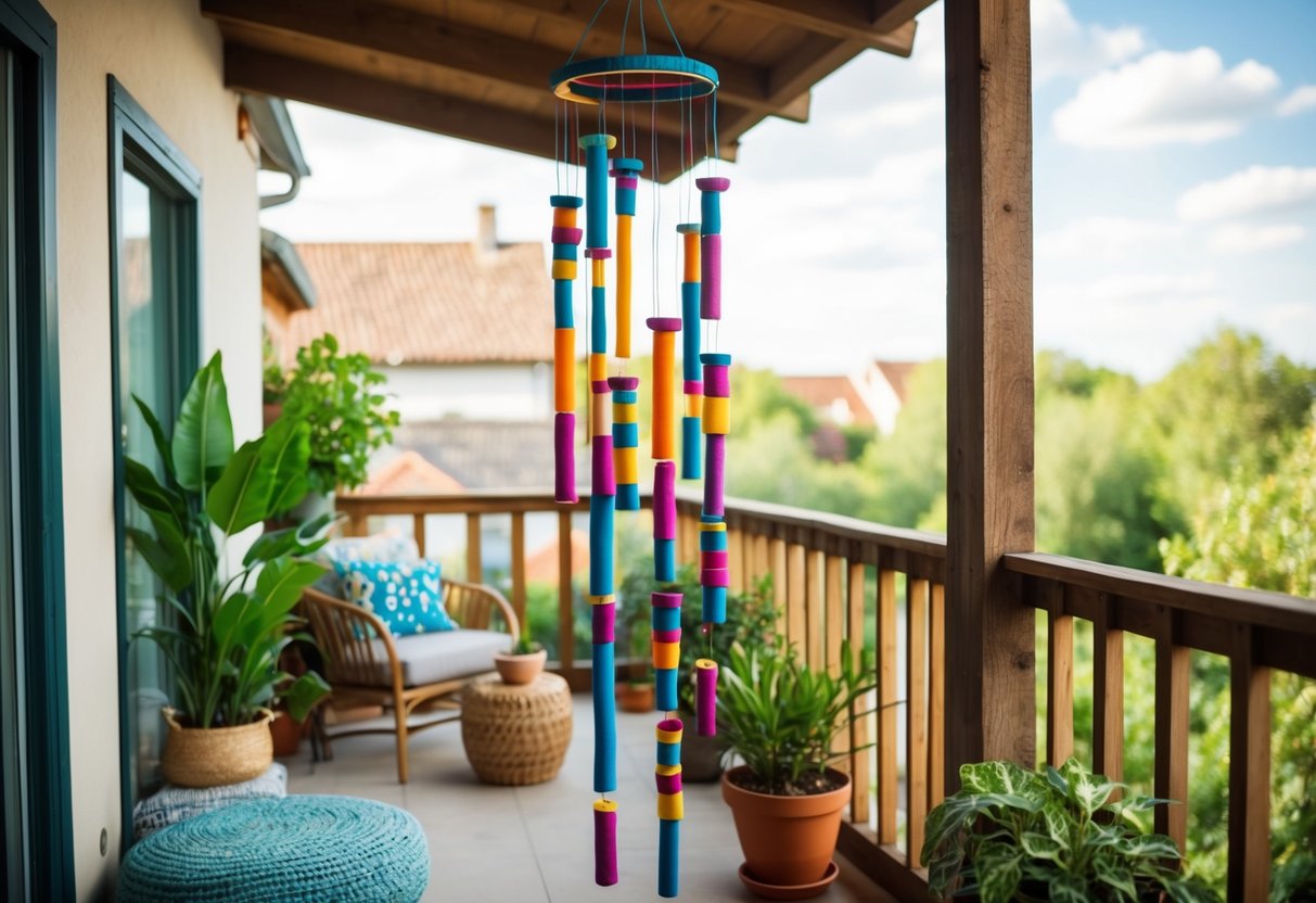 Colorful handmade wind chimes hang from a rustic wooden beam on a bohemian-style balcony with potted plants and cozy seating