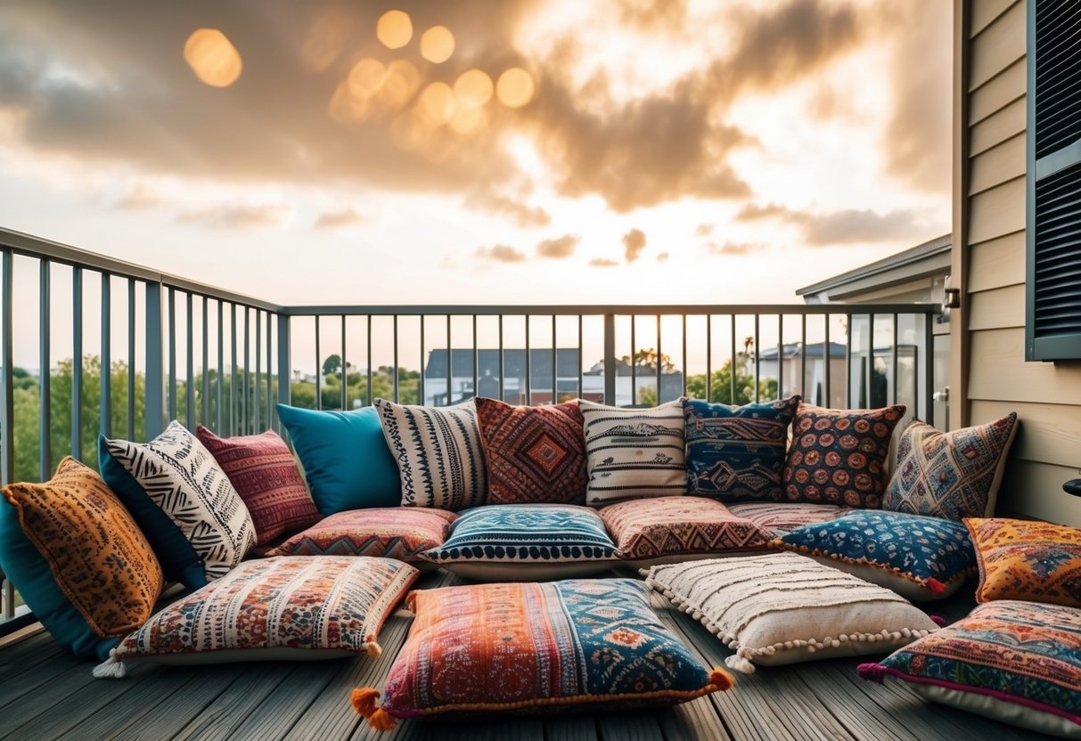 A cozy balcony with an array of patterned floor cushions arranged in a bohemian style. The cushions create a relaxed and inviting atmosphere for lounging and enjoying the outdoor space