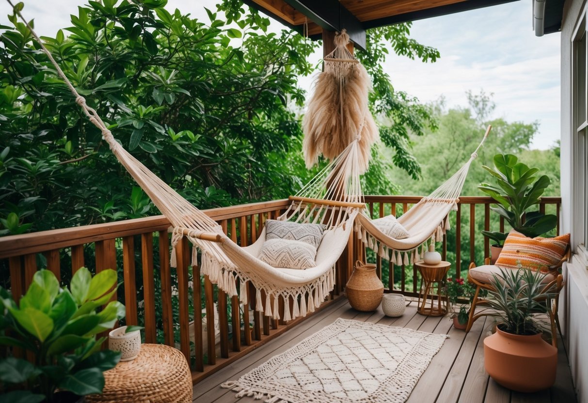 A cozy balcony with fringed hammocks, surrounded by bohemian decor and lush greenery