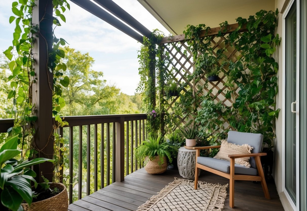 A cozy balcony with a wooden trellis covered in lush climbing plants, creating a boho-inspired oasis