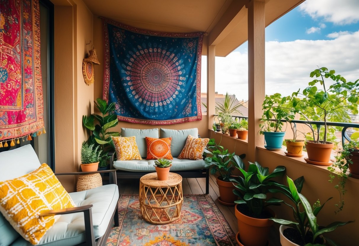 A cozy bohemian balcony with colorful tapestries, potted plants, and comfortable seating creating a relaxed and inviting atmosphere