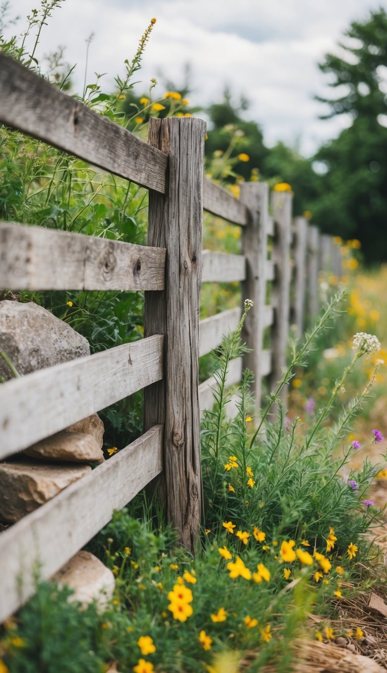 A rustic wooden fence surrounded by natural materials like stone, plants, and wildflowers. The weathered wood gives a sense of age and character