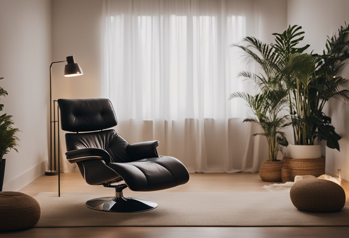 A serene room with a comfortable reclining chair surrounded by soft lighting and calming decor, creating a peaceful and inviting atmosphere for clinical hypnosis therapy