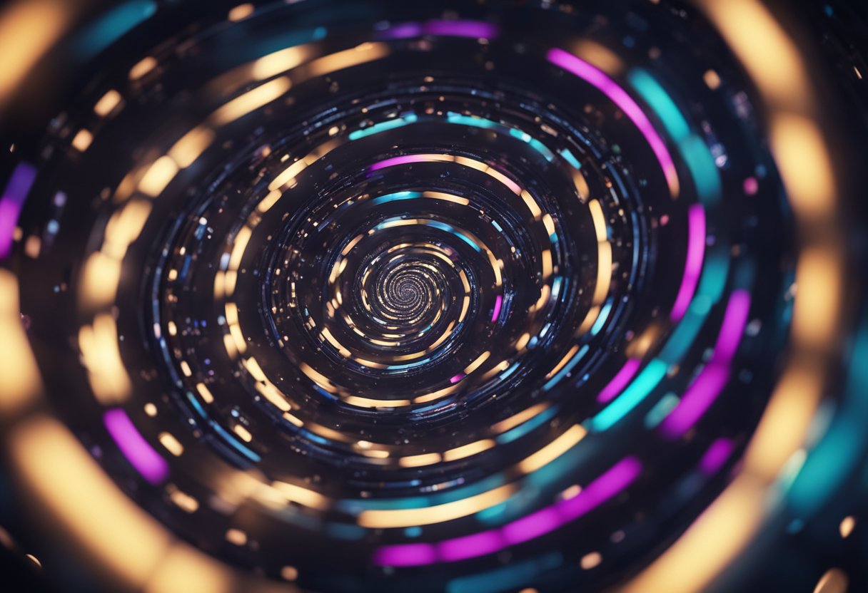 A hypnotic spiral spinning in a dark, mysterious void, surrounded by swirling patterns and pulsating colors