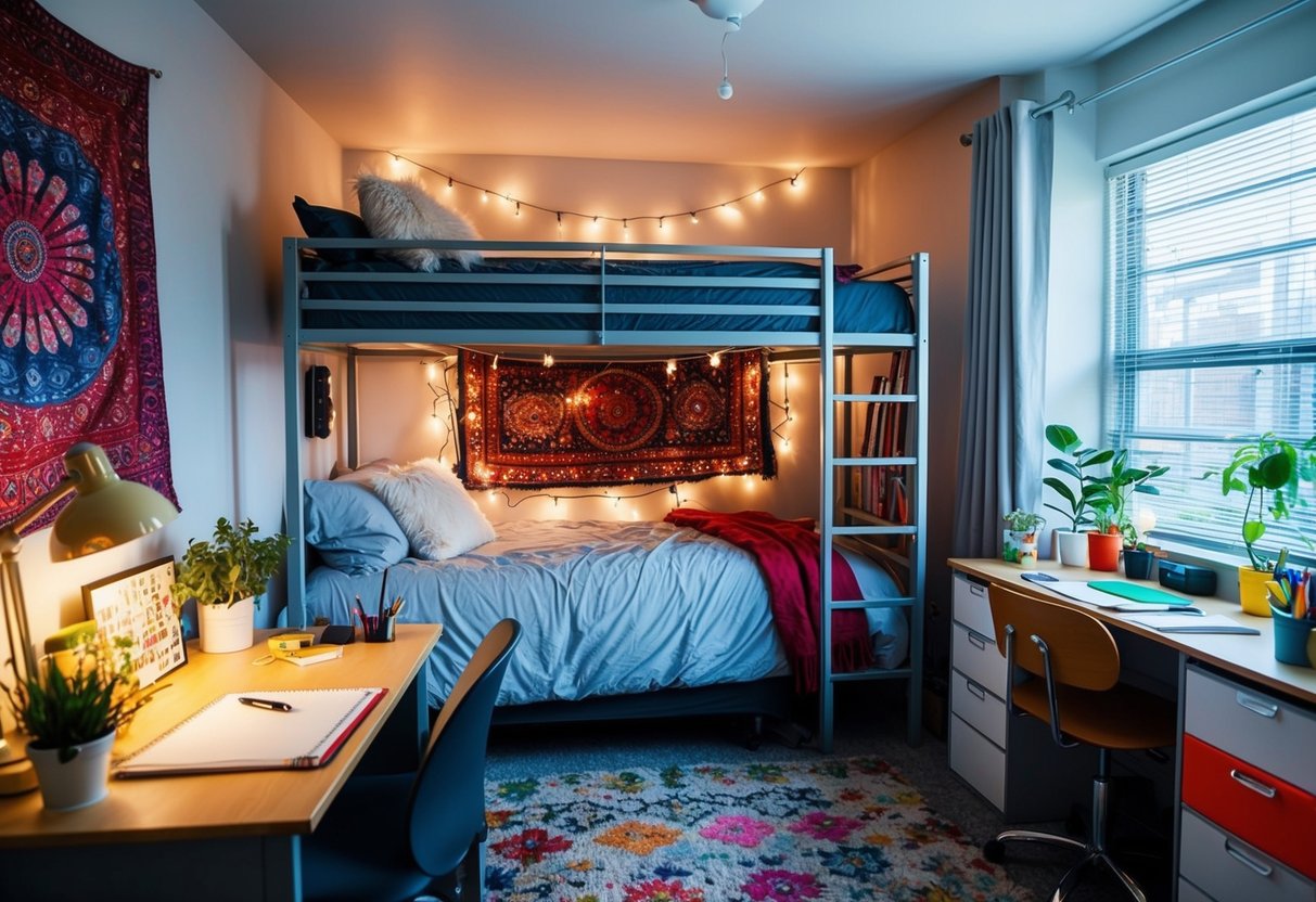 A cozy dorm room with a lofted bed, string lights, colorful tapestries, and a desk with plants and art supplies