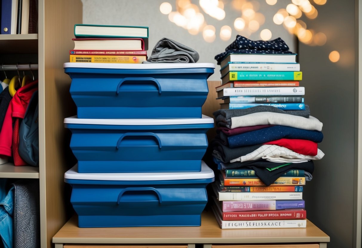 A stack of collapsible storage bins in a dorm room, filled with books, clothes, and other items