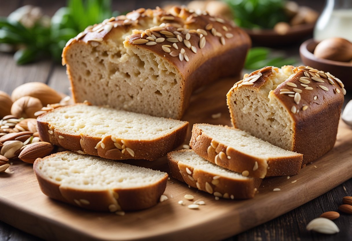 A table with various low-carb bread alternatives, such as almond flour bread, coconut flour bread, and flaxseed bread, displayed on wooden cutting boards