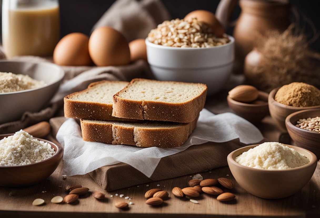 A kitchen counter with various low-carb bread alternatives such as almond flour bread, coconut flour bread, and flaxseed bread, alongside ingredients like almond flour, coconut flour, and eggs