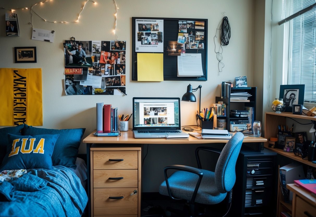 A cluttered dorm room with a multi-functional desk serving as a study area, storage space, and a display for personal items