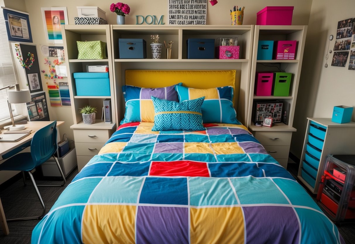 A neatly made bed with a colorful microfiber bedding set, surrounded by various dorm room decor and storage solutions