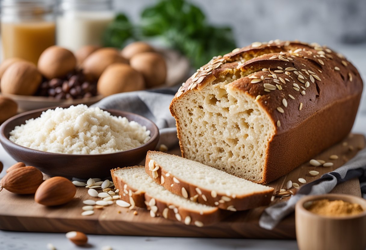 A loaf of keto-friendly bread surrounded by low-carb ingredients like almond flour, coconut flour, and psyllium husk