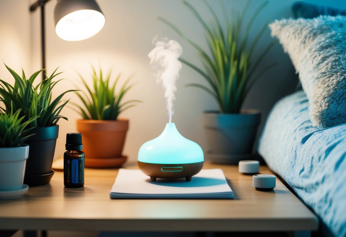 A cozy dorm room with a small desk holding an essential oil diffuser surrounded by plants and soft lighting