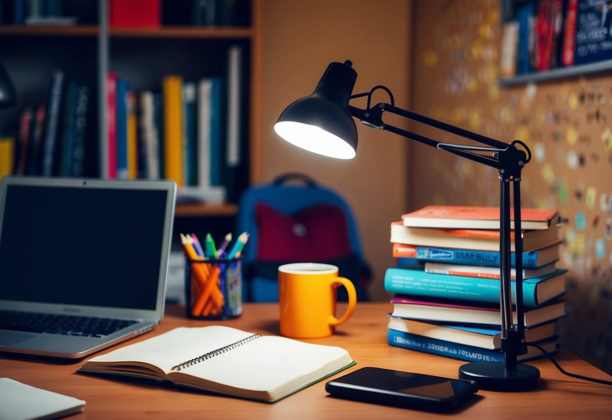 A cozy dorm room with a clip-on laptop lamp illuminating a desk cluttered with books and school supplies. A laptop and a mug of coffee sit nearby