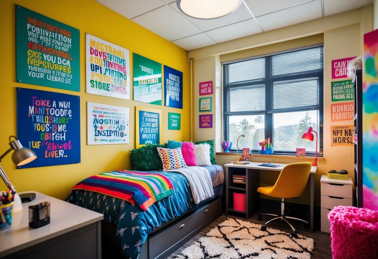 A dorm room with colorful motivational wall art, inspiring quotes, and uplifting imagery. Bright, positive atmosphere with cozy furnishings and personal touches