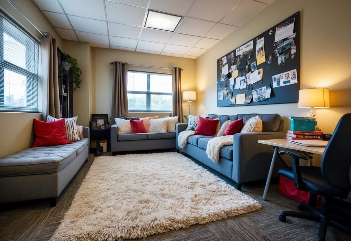 A cozy dorm room with a soft area rug, scattered with throw pillows and a comfy seating area. A warm, inviting space for relaxation and studying