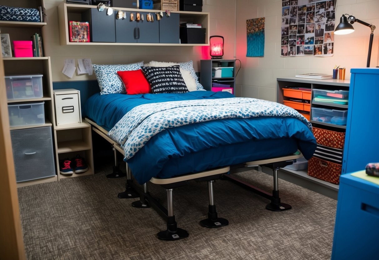 A dorm room with a raised bed using adjustable bed risers, surrounded by various storage and organization solutions