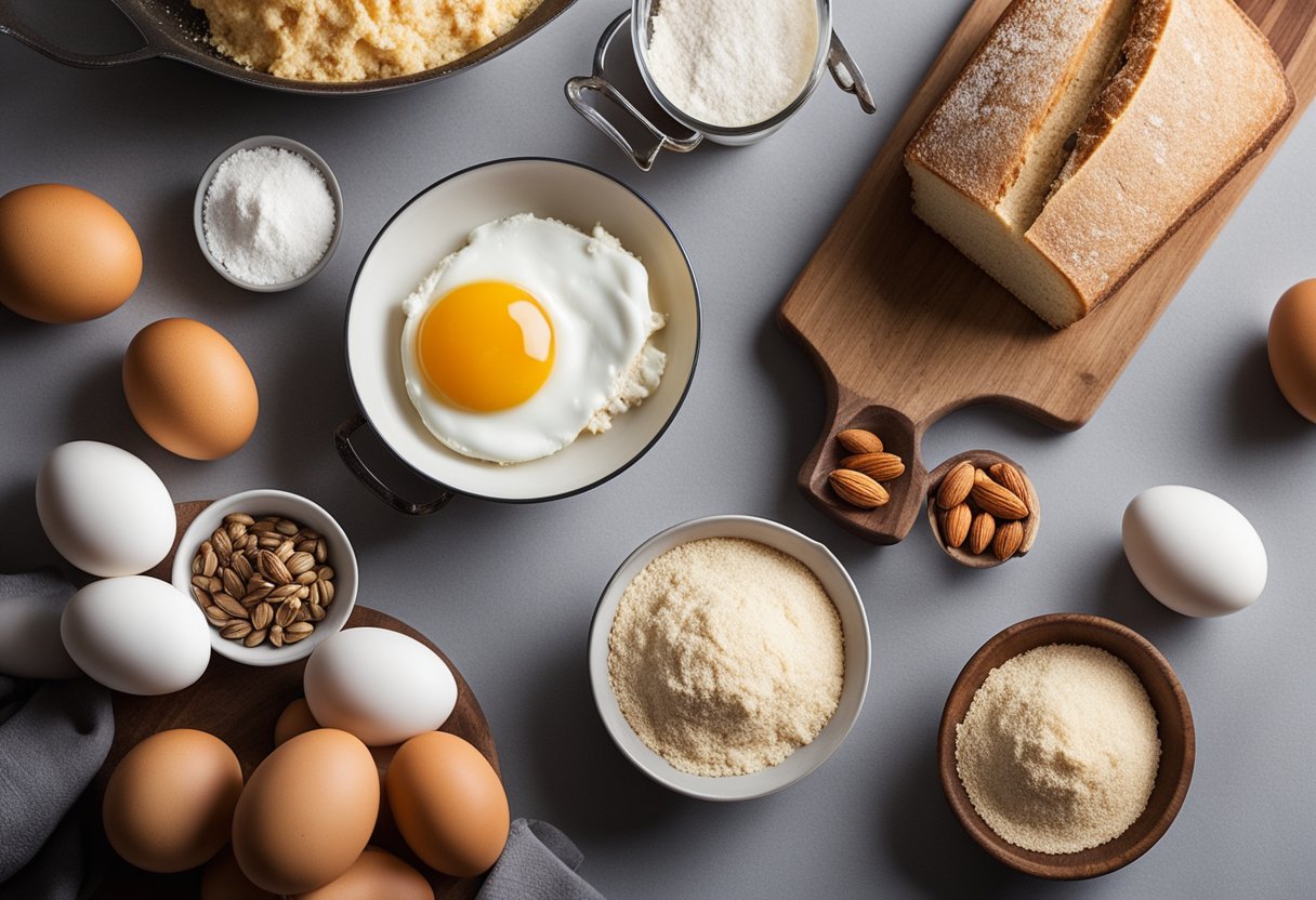 A kitchen counter with various low-carb ingredients like almond flour, coconut flour, eggs, and baking powder. A cookbook open to a recipe for keto-friendly bread alternatives