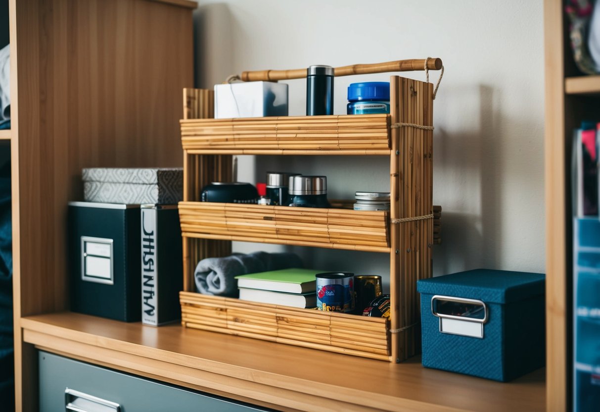 A bamboo shelf organizer holding various items in a tidy dorm room