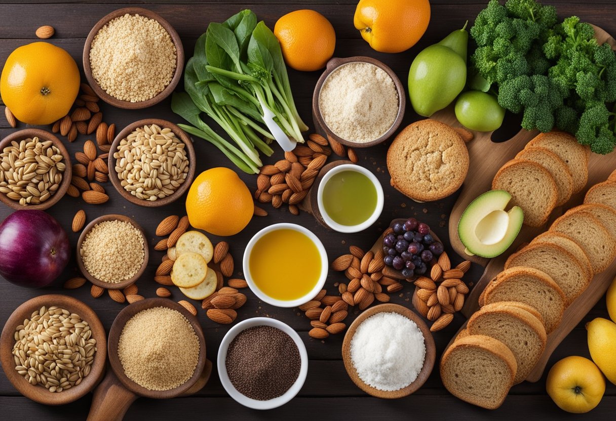 A table set with a variety of low-carb bread alternatives, including almond flour, coconut flour, and flaxseed, surrounded by colorful fruits and vegetables