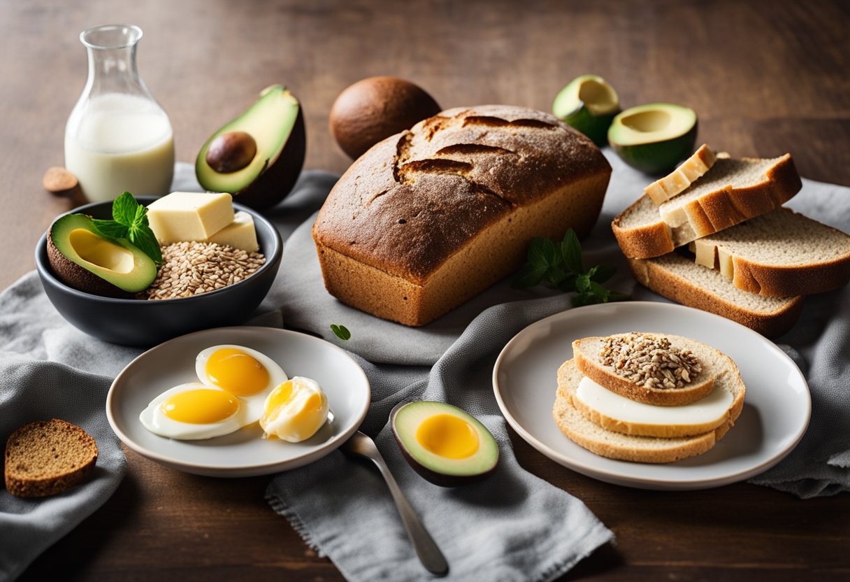 A table set with various low-carb bread alternatives, including almond flour bread, coconut flour bread, and flaxseed bread, surrounded by keto-friendly ingredients like avocados, eggs, and cheese