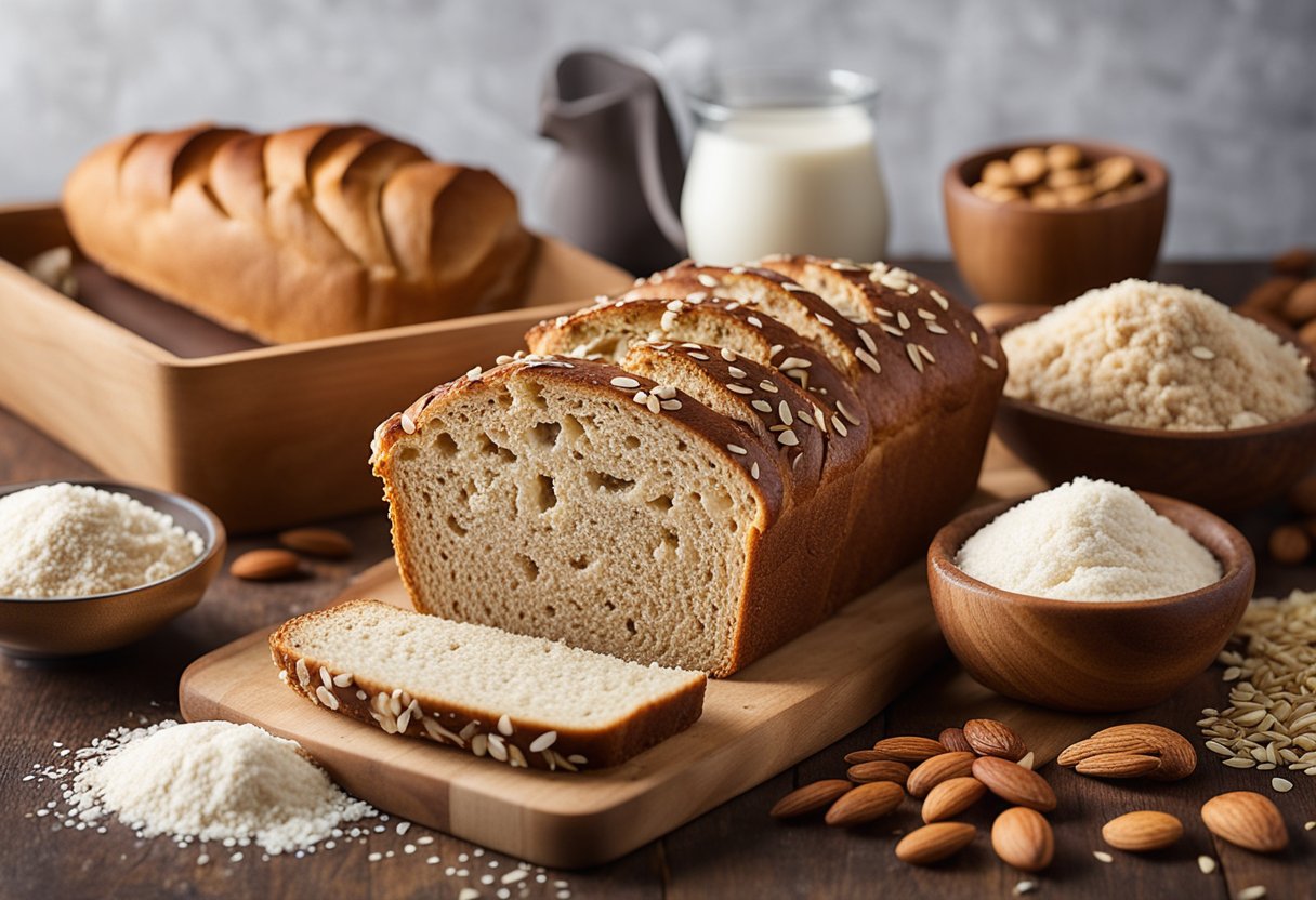 A variety of low-carb bread alternatives arranged on a table, including almond flour, coconut flour, and flaxseed meal, with a sign reading 