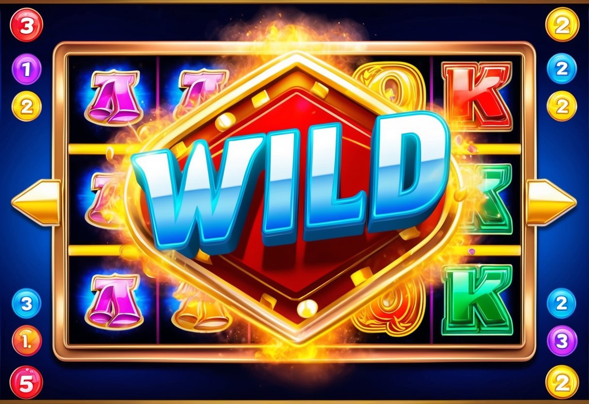 Un écran de jeu à sous avec divers symboles et un symbole "Wild" mis en évidence entouré d'effets lumineux