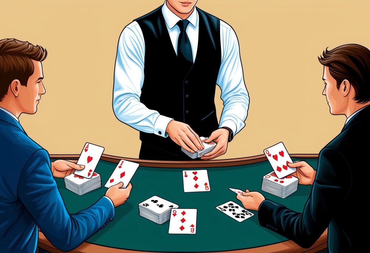 A dealer shuffling a deck of cards and dealing five face-down cards to each player, while dealing themselves five cards with one card face up.