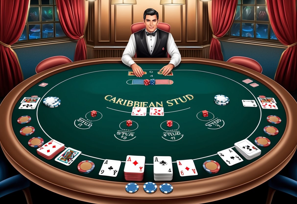 A Caribbean Stud Poker table with cards, chips, and a dealer