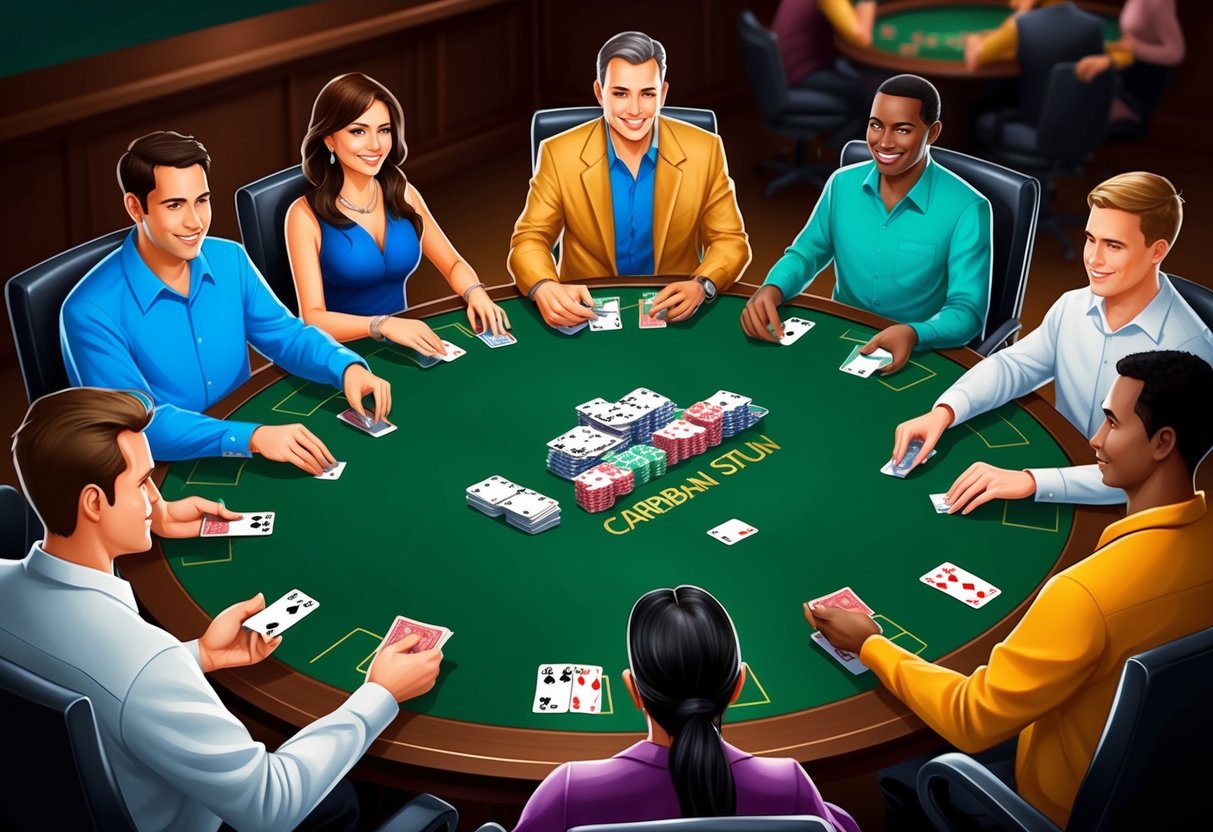 A group of players is sitting around a green felt table, placing their bets and receiving cards from the dealer in a game of Caribbean Stud Poker.