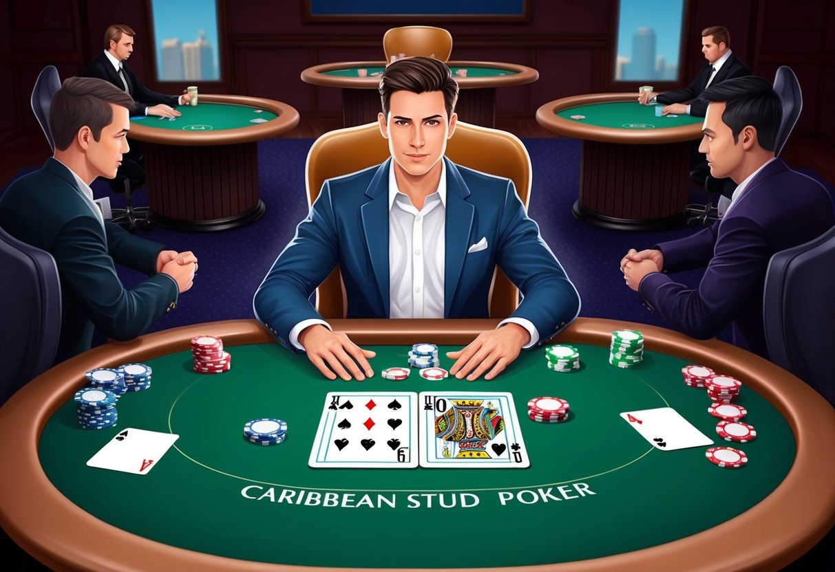 A player sitting at a Caribbean Stud Poker table, surrounded by cards, chips, and a dealer, with a strategy guide open in front of him.