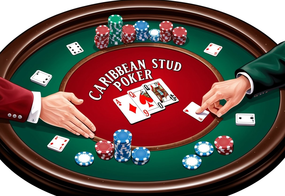 A Caribbean Stud Poker table with cards, chips, and a player's hand