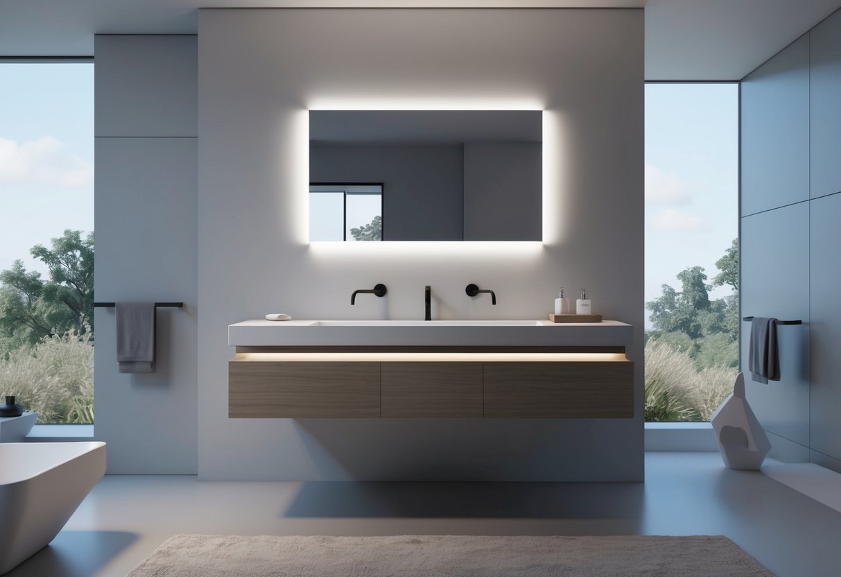 A sleek, minimalist bathroom with a floating vanity featuring clean lines and integrated LED lighting. The vanity is made of sustainable, eco-friendly materials and is surrounded by modern, geometric decor