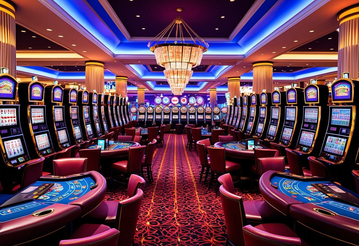 A casino floor with rows of slot machines and tables for various card and dice games, surrounded by colorful lights and sounds.