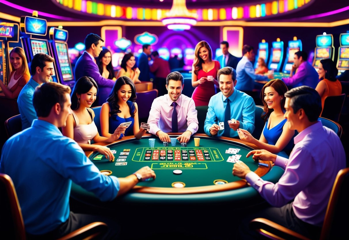 A group of people has gathered around a table, some playing slot machines while others are engaged in an animated card or roulette game. The bright and colorful lights of the casino create an exciting and vibrant atmosphere.