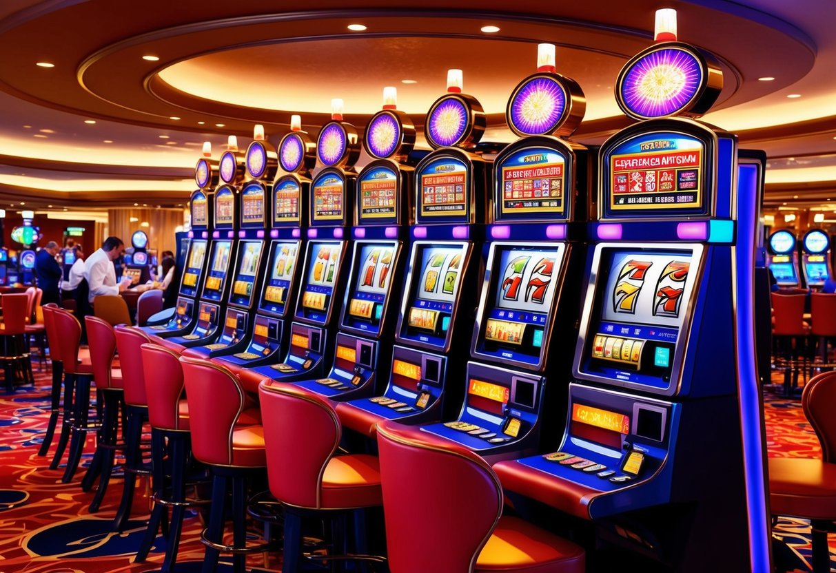 A row of colorful slot machines with flashing lights and spinning reels, surrounded by a lively casino floor with tables and players.