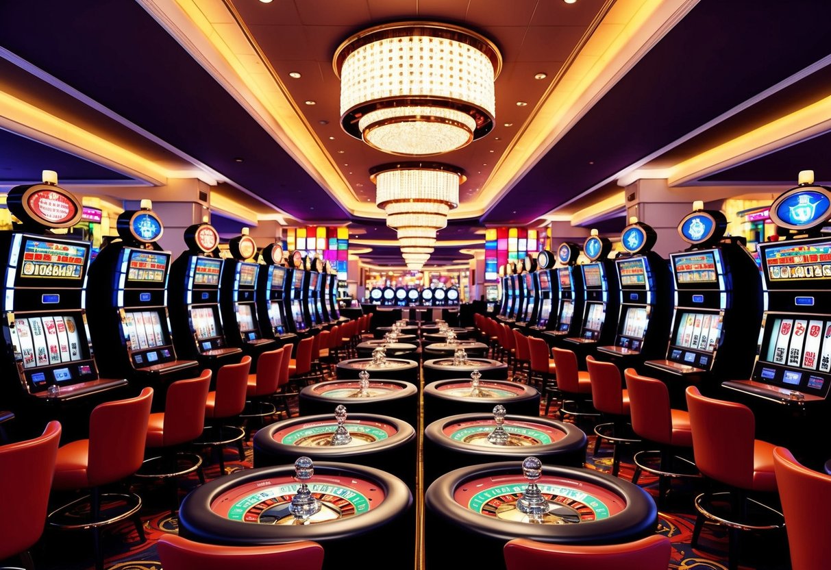 A lively casino floor with rows of slot machines and tables for blackjack, poker, and roulette. Bright lights and colorful displays create a vibrant atmosphere.