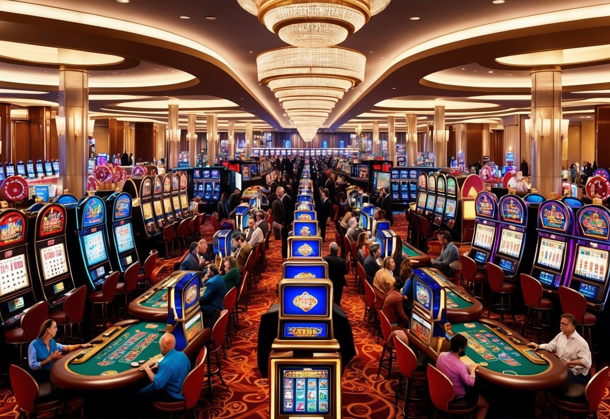 An animated casino sun with rows of colorful slot machines and lively table games surrounded by eager players.