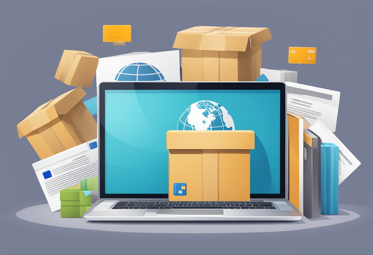 A laptop with a globe, shipping boxes, and a credit card symbol