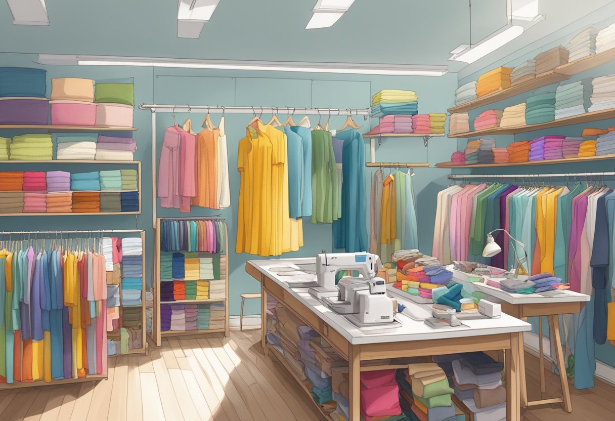 A vibrant studio space filled with fabric swatches, sewing machines, and design sketches, surrounded by racks of colorful clothing samples
