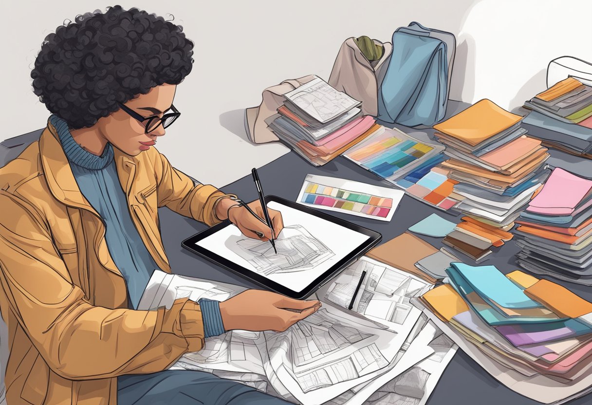 A designer sketching unique clothing designs on a tablet, surrounded by fabric swatches and fashion magazines for inspiration