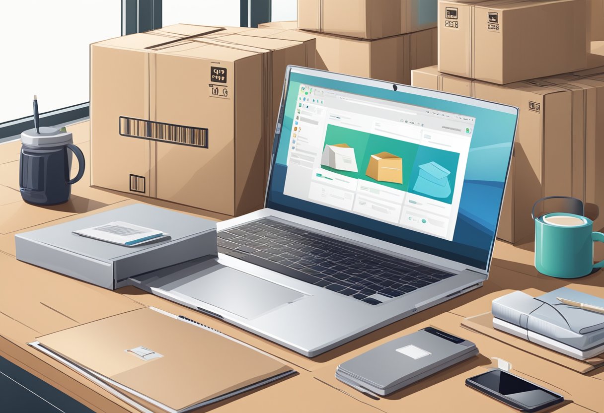 A laptop, shipping boxes, and product samples arranged on a desk in a bright, organized workspace