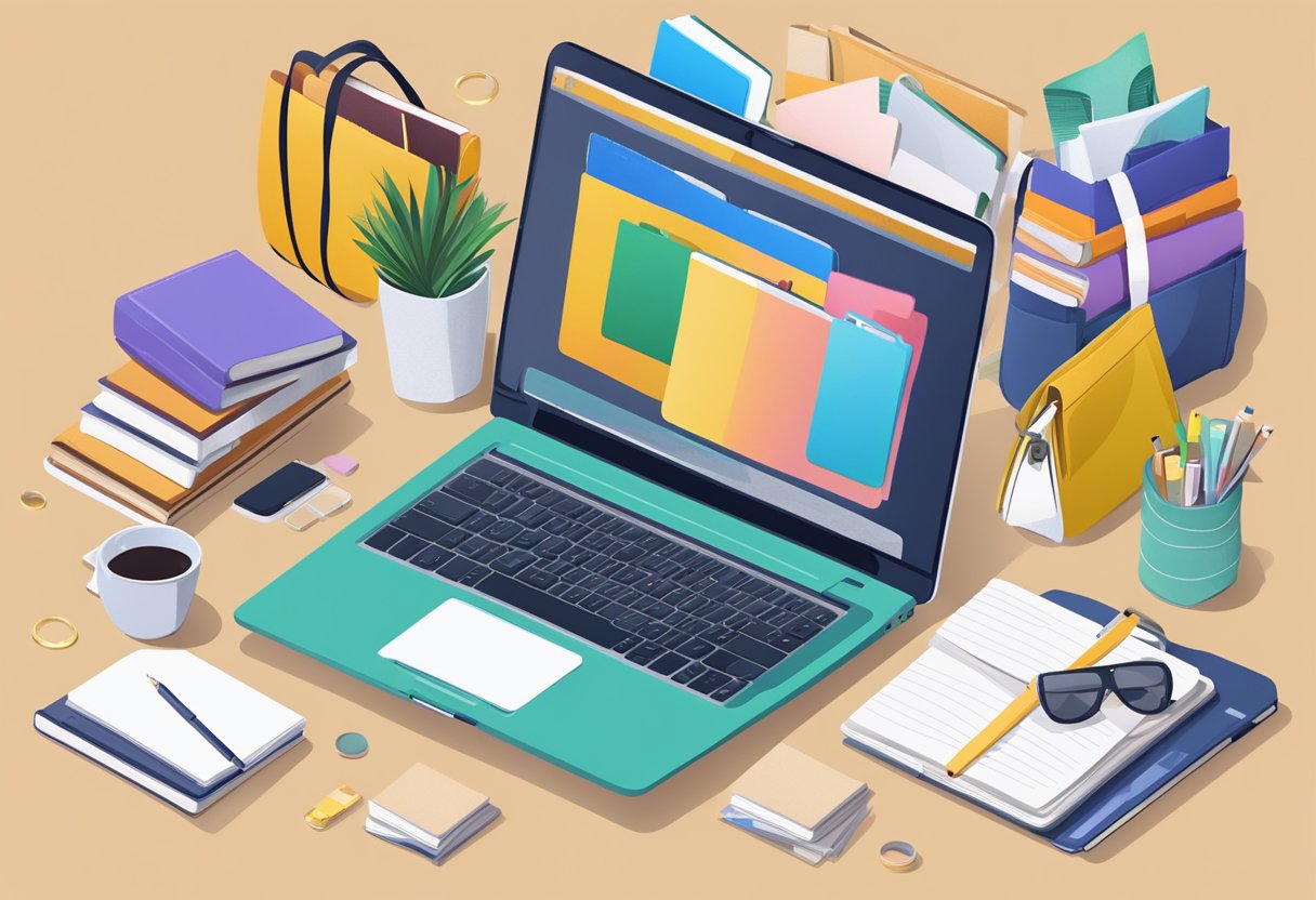 A laptop surrounded by various side hustle items like a delivery bag, a craft project, and a stack of books, symbolizing online income opportunities